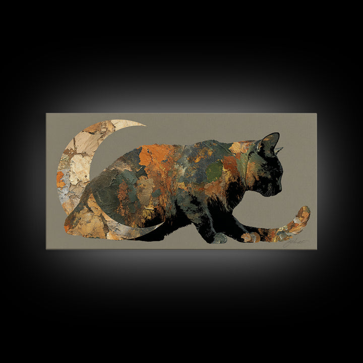 Black Cat Silhouette Framed Canvas Print, Black and White Art, Printable Art, Living Room Decor, Fine Art, Monochrome, BAW-2x1-84