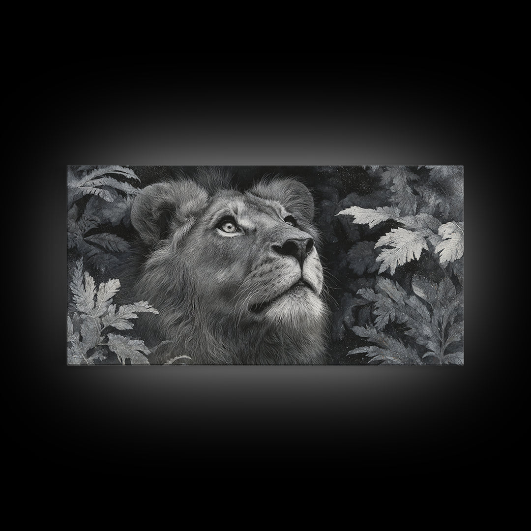 Dramatic Black and White Lion Portrait Framed Canvas Print, Black and White Art, Wood Wall Art, Living Room Decor, Monochrome, BAW-2x1-85