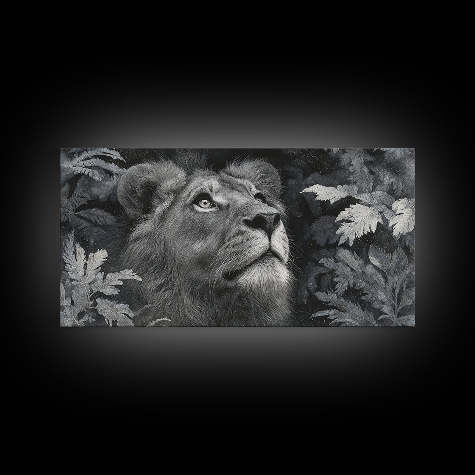 Dramatic Black and White Lion Portrait Framed Canvas Print, Black and White Art, Wood Wall Art, Living Room Decor, Monochrome, BAW-2x1-85