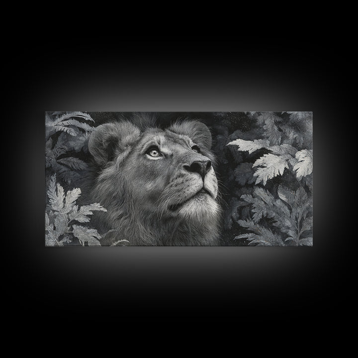 Dramatic Black and White Lion Portrait Framed Canvas Print, Black and White Art, Wood Wall Art, Living Room Decor, Monochrome, BAW-2x1-85