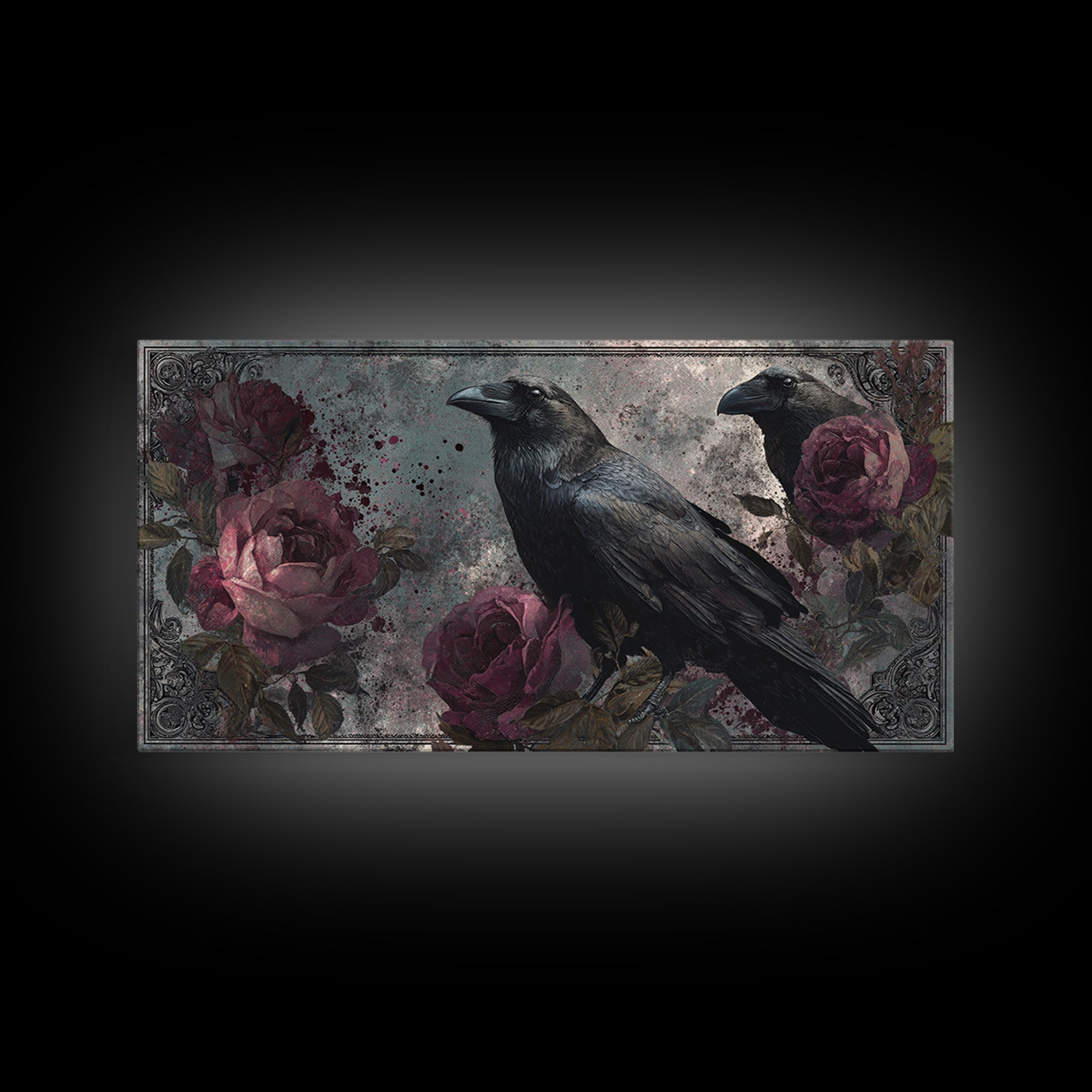 Ink Splatter Raven Composition Framed Canvas Print, Black and White Art, Large Wall Art, Living Room Decor, Monochrome, BAW-2x1-88