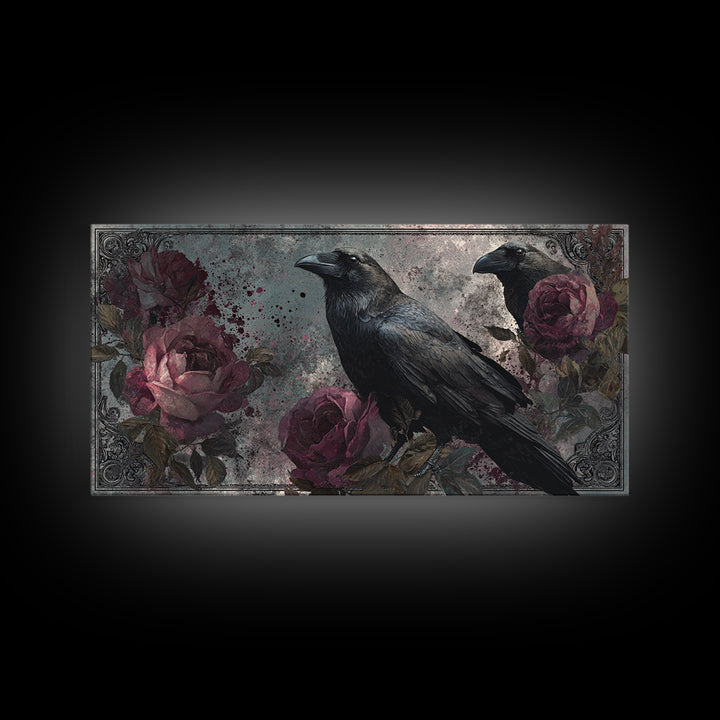 Ink Splatter Raven Composition Framed Canvas Print, Black and White Art, Large Wall Art, Living Room Decor, Monochrome, BAW-2x1-88