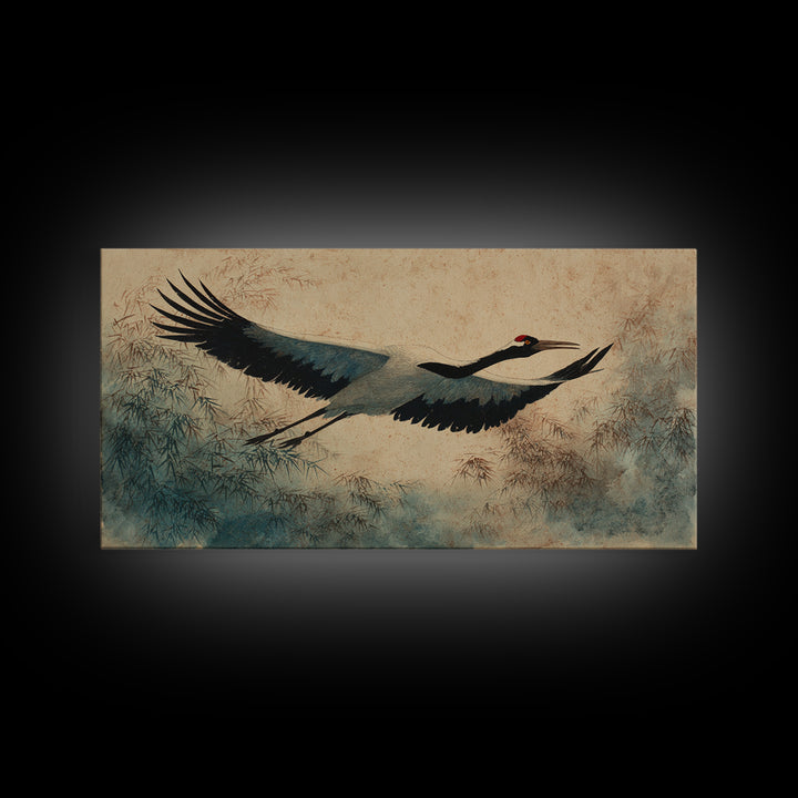 Black Ink Crane Flying Across Empty Sky Canvas Print, Black and White Art, Digital Prints, Living Room Decor, Monochrome, BAW-2x1-9