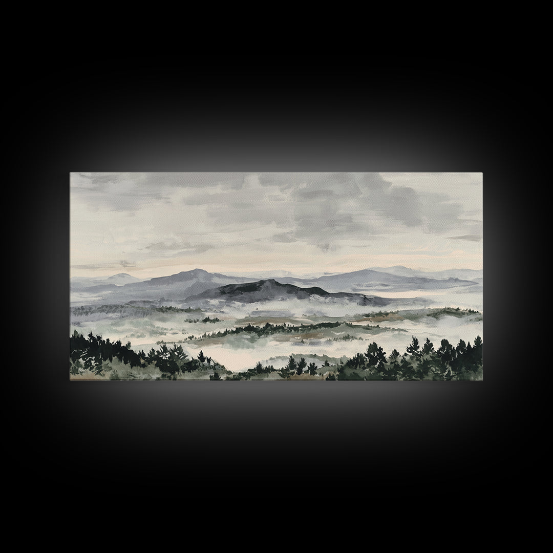 Black Ink Mountain Range Canvas Print, Black and White Art, Living Room Decor, Oil Painting, Monochrome, Abstract Wall Art, BAW-2x1-94