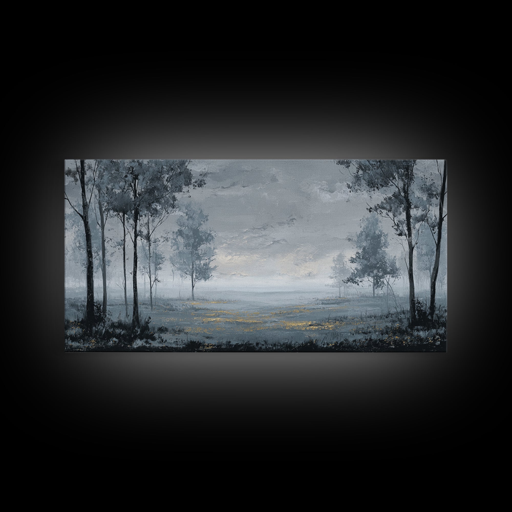 Moody Foggy Forest Framed Canvas Print, Black and White Art, Printable Art, Living Room Decor, Monochrome, Gallery Decor, BAW-2x1-99