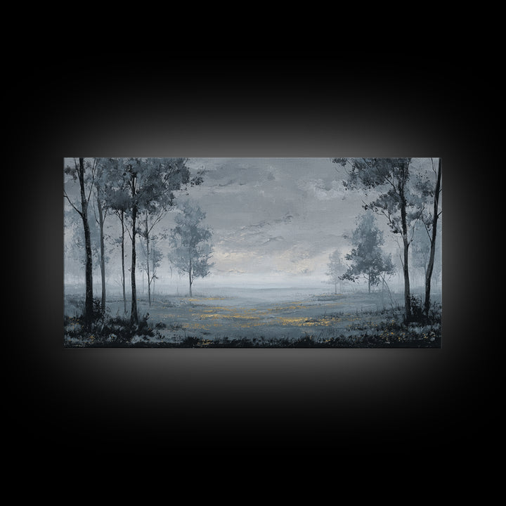 Moody Foggy Forest Framed Canvas Print, Black and White Art, Printable Art, Living Room Decor, Monochrome, Gallery Decor, BAW-2x1-99