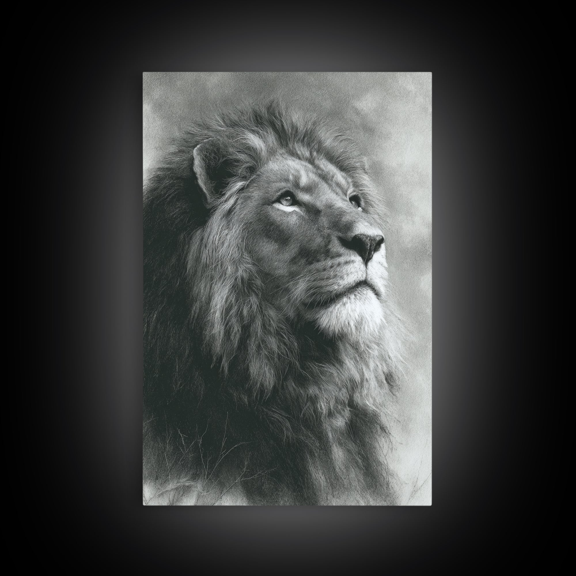 Dramatic Black and White Lion Portrait Framed Canvas Print, Black and White Art, Art Print, Living Room Decor, Monochrome, BAW-2x3-1