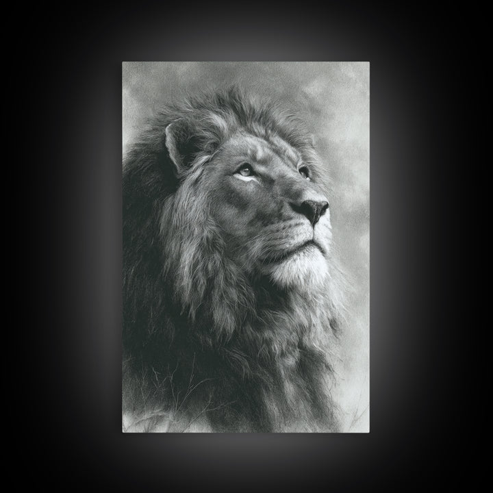 Dramatic Black and White Lion Portrait Framed Canvas Print, Black and White Art, Art Print, Living Room Decor, Monochrome, BAW-2x3-1