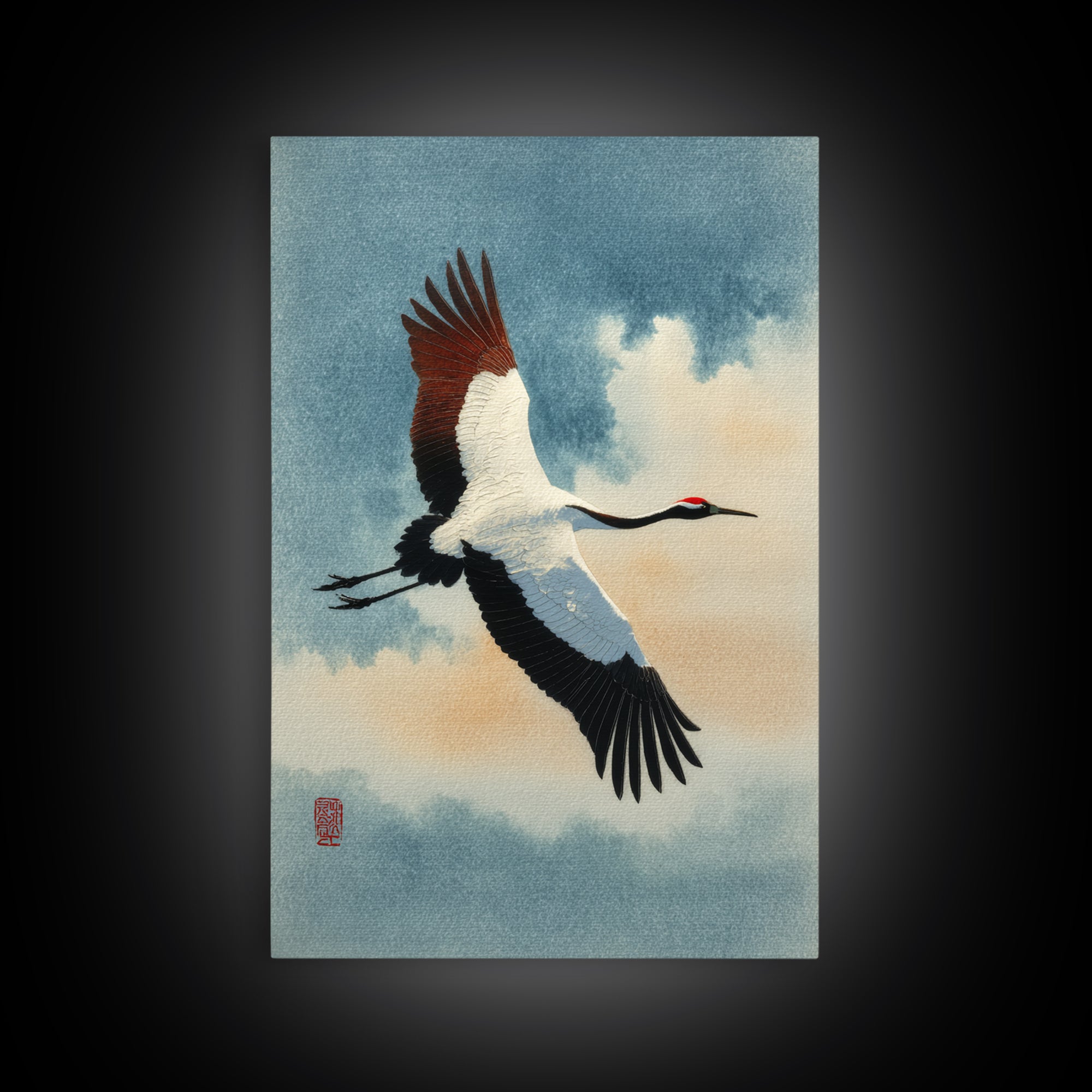 Black Ink Crane Flying Across Empty Sky Canvas Print, Black and White Art, Art Prints, Living Room Decor, Monochrome, BAW-2x3-21