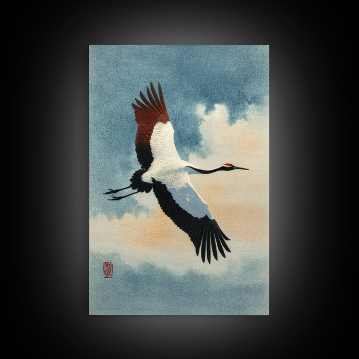 Black Ink Crane Flying Across Empty Sky Canvas Print, Black and White Art, Art Prints, Living Room Decor, Monochrome, BAW-2x3-21