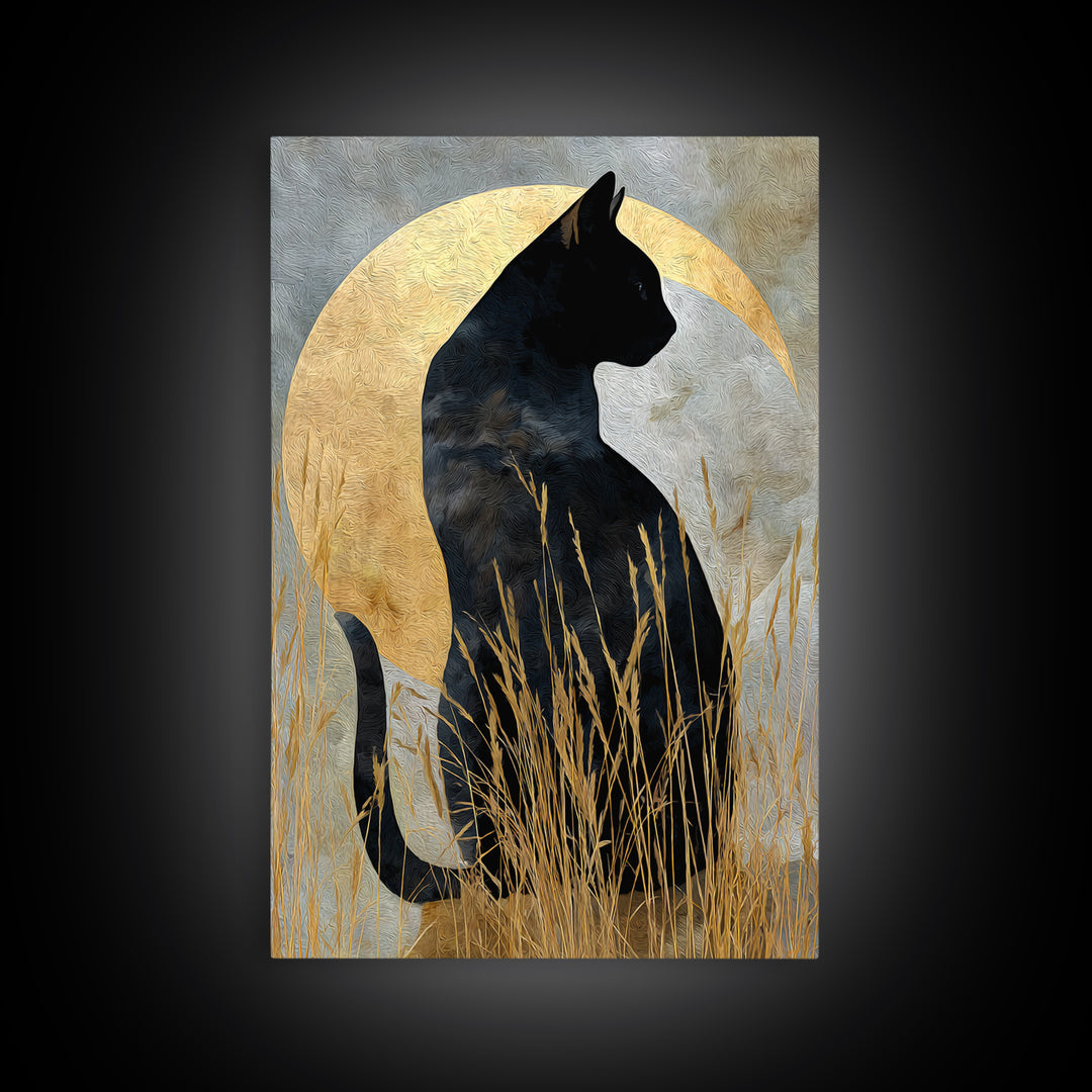 Black Cat Silhouette Framed Canvas Print, Black and White Art, Modern Decor, Living Room Decor, Fine Art, Monochrome, BAW-2x3-24