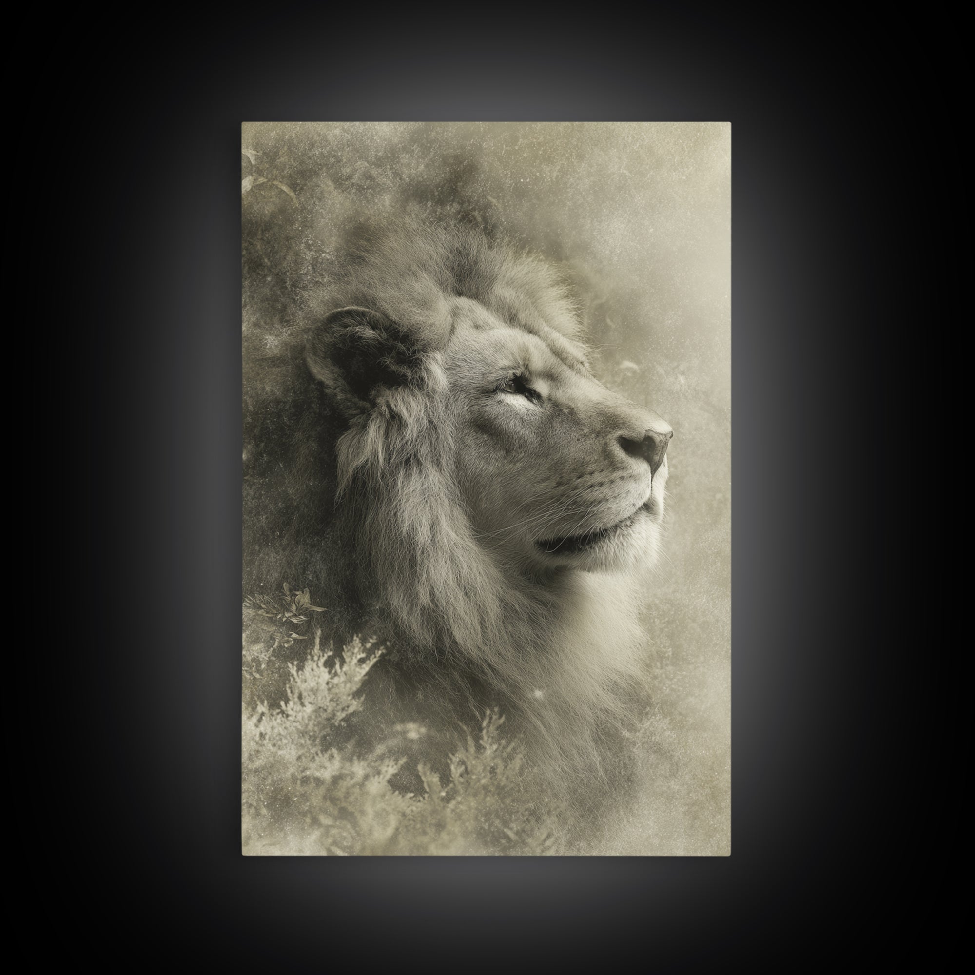 Dramatic Black and White Lion Portrait Framed Canvas Print, Black and White Art, Art Print, Living Room Decor, Monochrome, BAW-2x3-25