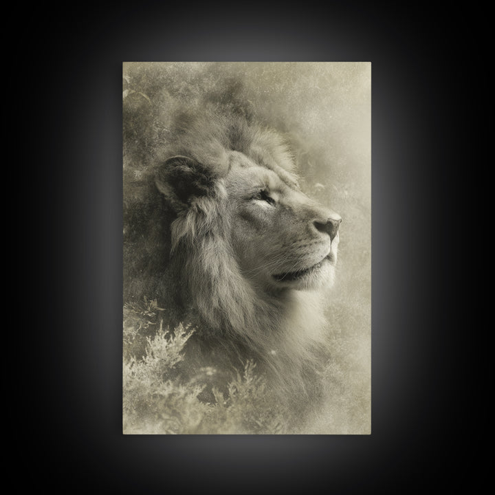 Dramatic Black and White Lion Portrait Framed Canvas Print, Black and White Art, Art Print, Living Room Decor, Monochrome, BAW-2x3-25