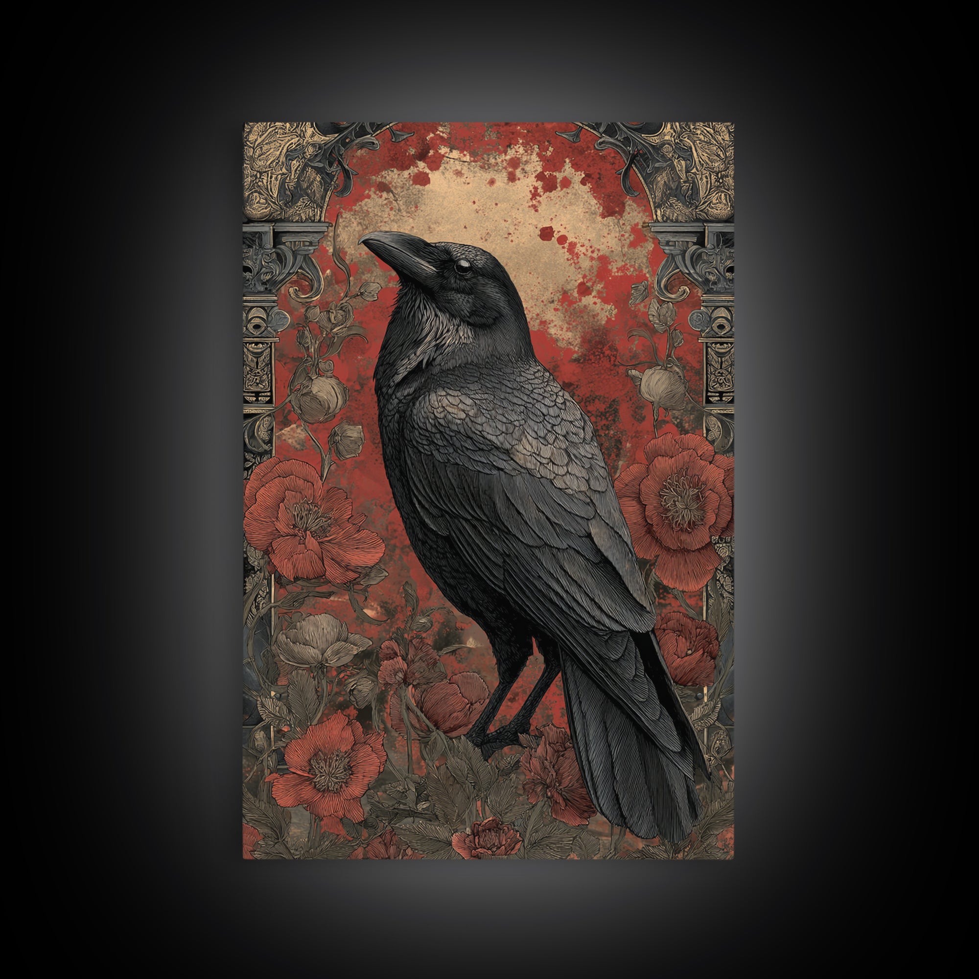Ink Splatter Raven Composition Framed Canvas Print, Black and White Art, Canvas Print, Living Room Decor, Fine Art, Monochrome, BAW-2x3-28