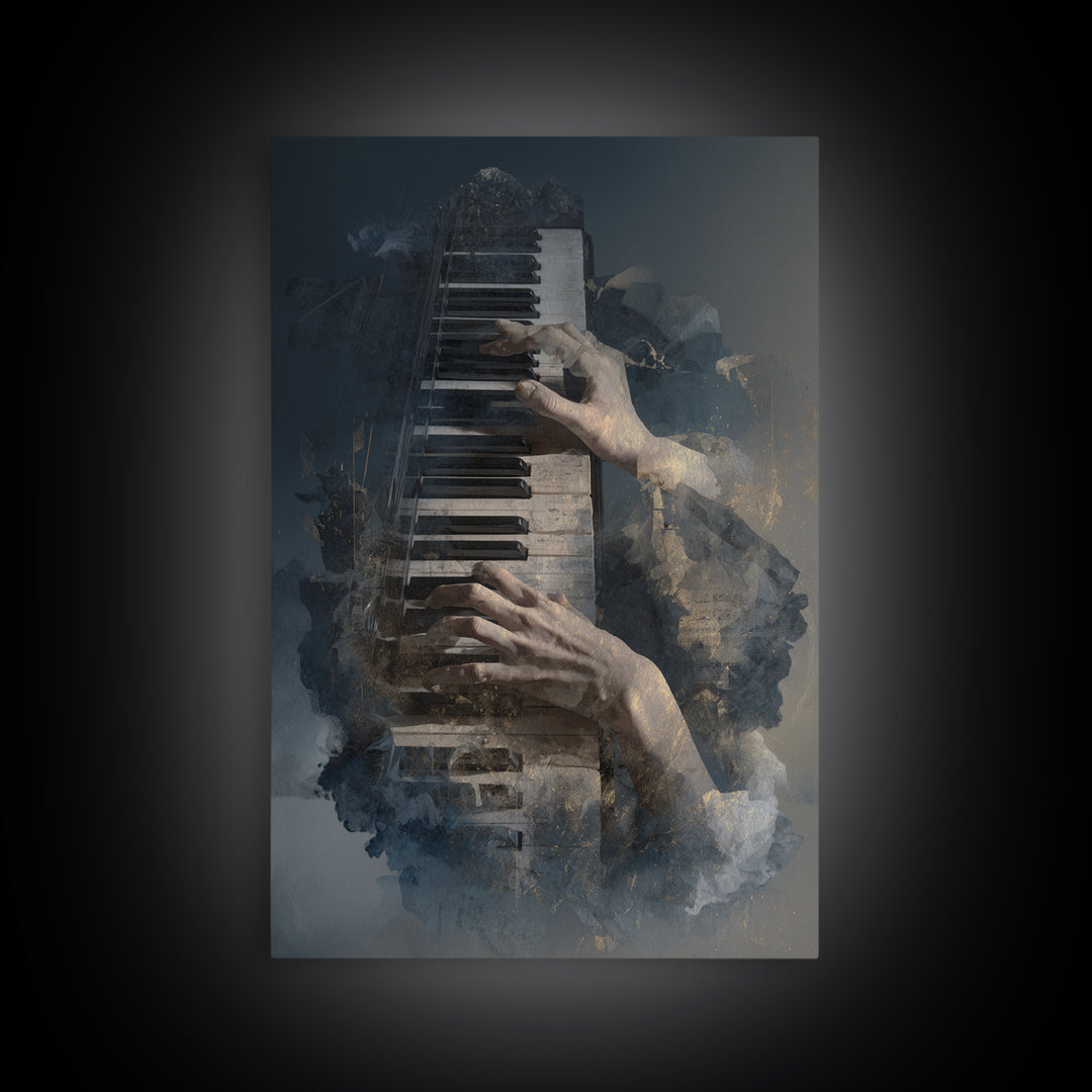 Piano Keys and Hands Framed Canvas Print, Black and White Art, Minimalist Decor, Living Room Decor, Fine Art, Monochrome, BAW-2x3-30