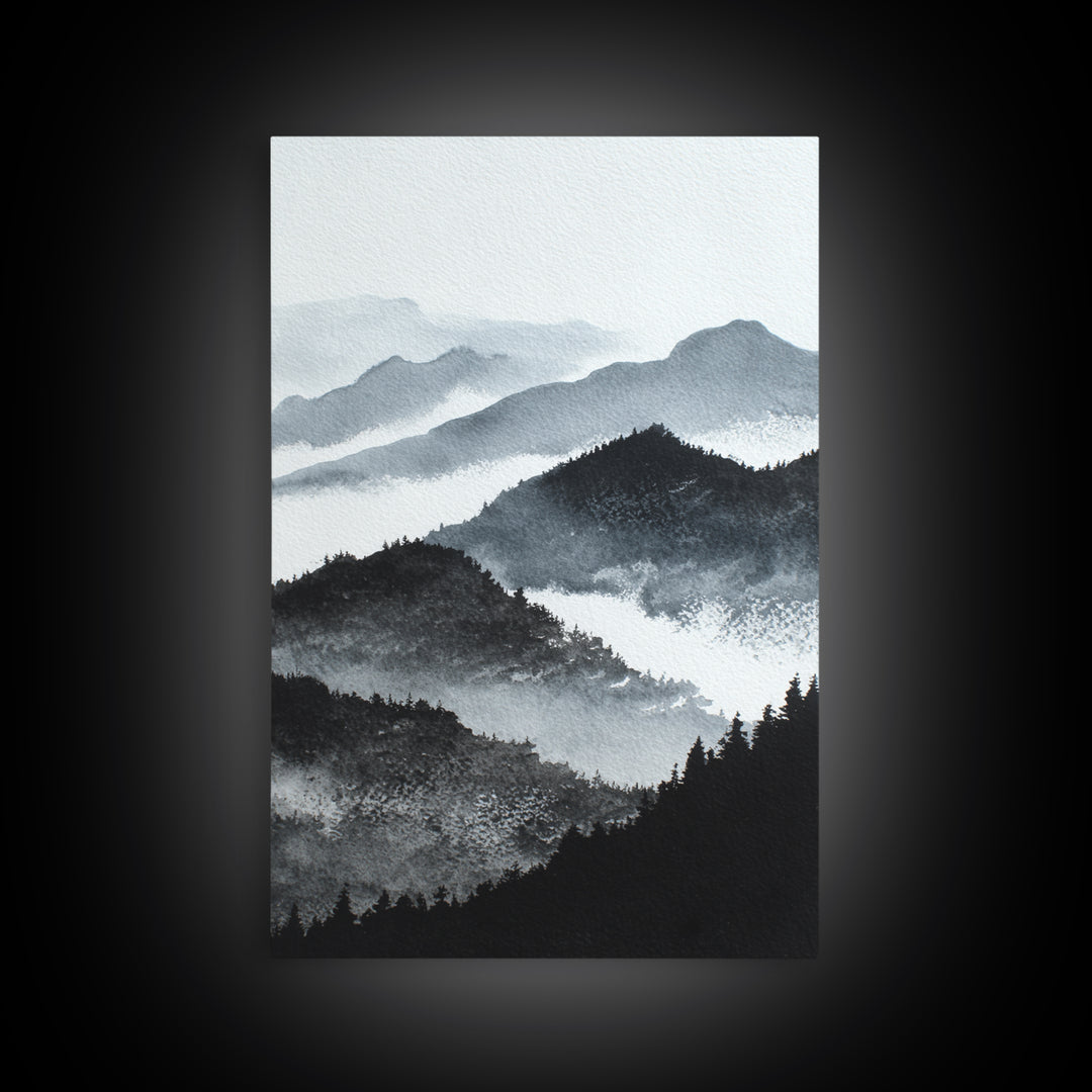 Black Ink Mountain Range Framed Canvas Print, Black and White Art, Halloween Decor, Living Room Decor, Fine Art, Monochrome, BAW-2x3-34