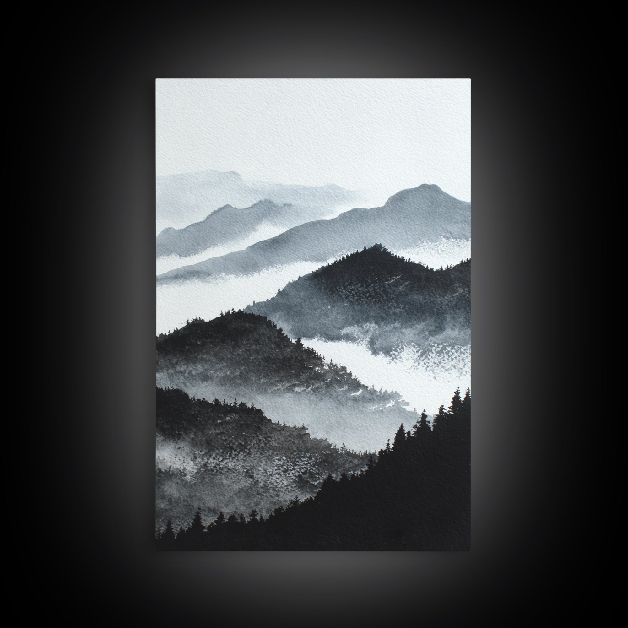 Black Ink Mountain Range Framed Canvas Print, Black and White Art, Halloween Decor, Living Room Decor, Fine Art, Monochrome, BAW-2x3-34
