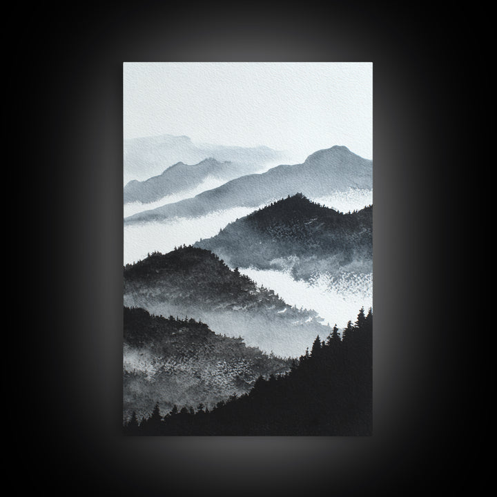 Black Ink Mountain Range Framed Canvas Print, Black and White Art, Halloween Decor, Living Room Decor, Fine Art, Monochrome, BAW-2x3-34
