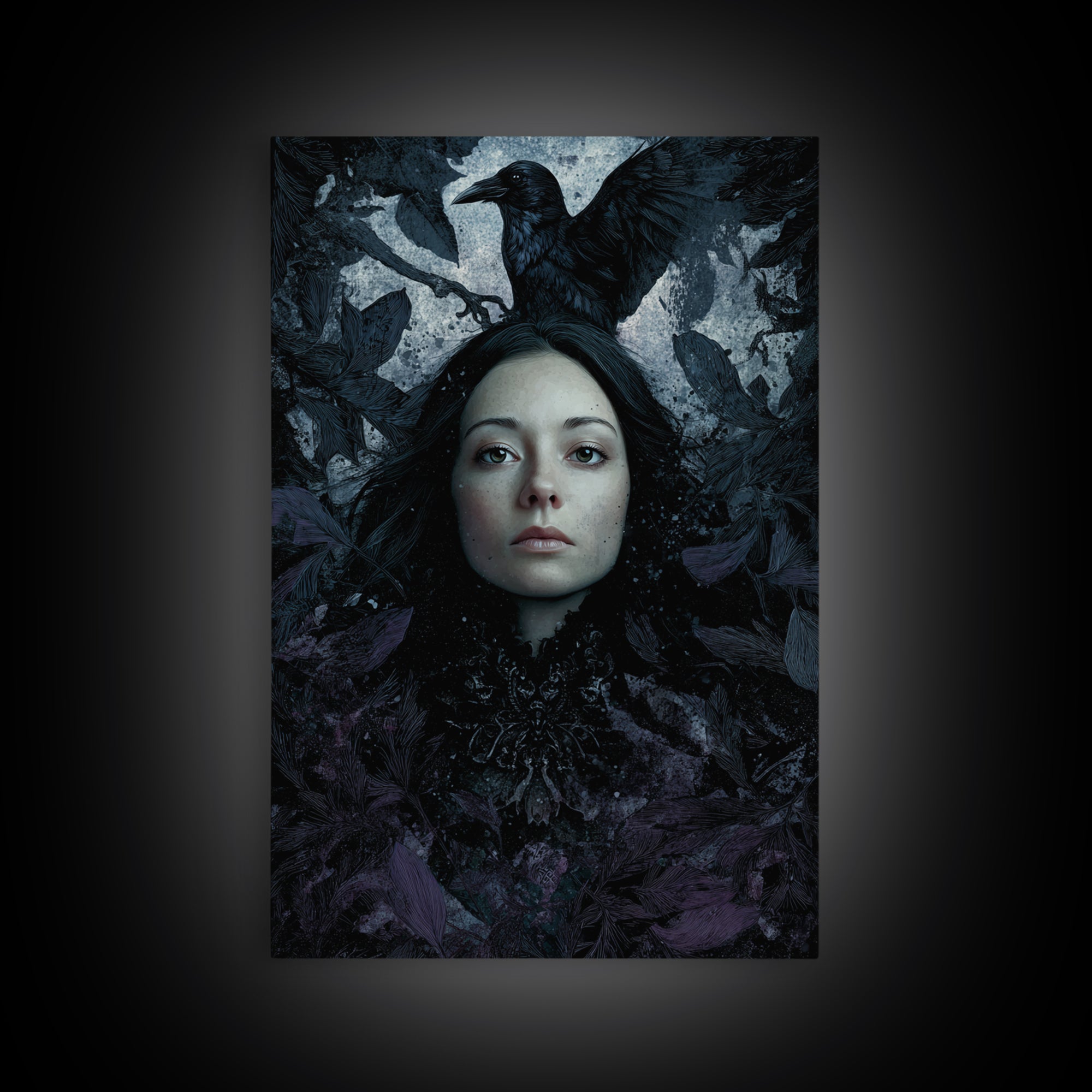 Ink Splatter Raven Composition Framed Canvas Print, Black and White Art, Contemporary Art, Living Room Decor, Monochrome, BAW-2x3-4