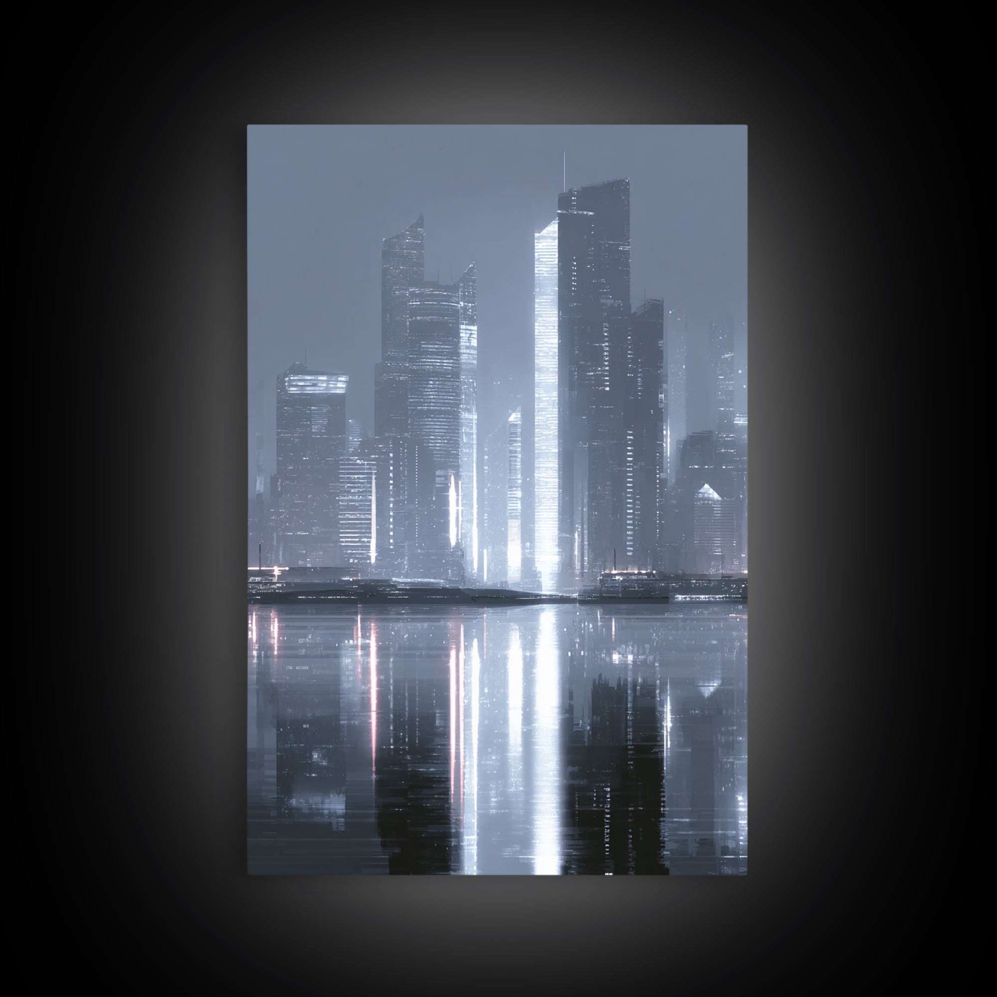 Monochrome City Skyline Reflected Canvas Print, Black and White Art, Printable Wall Art, Living Room Decor, Monochrome, BAW-2x3-43