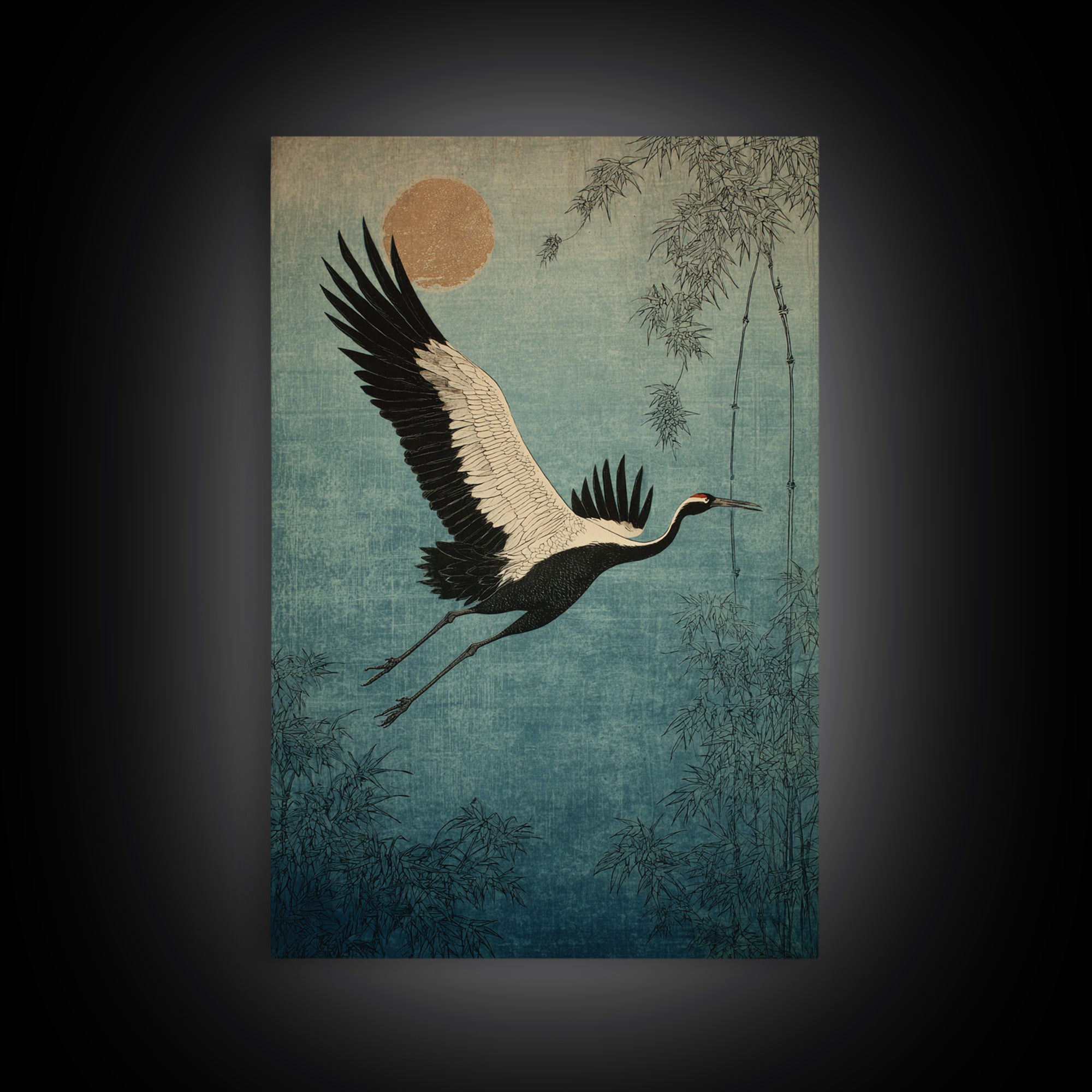 Black Ink Crane Flying Across Empty Sky Canvas Print, Black and White Art, Gothic Decor, Living Room Decor, Monochrome, BAW-2x3-45