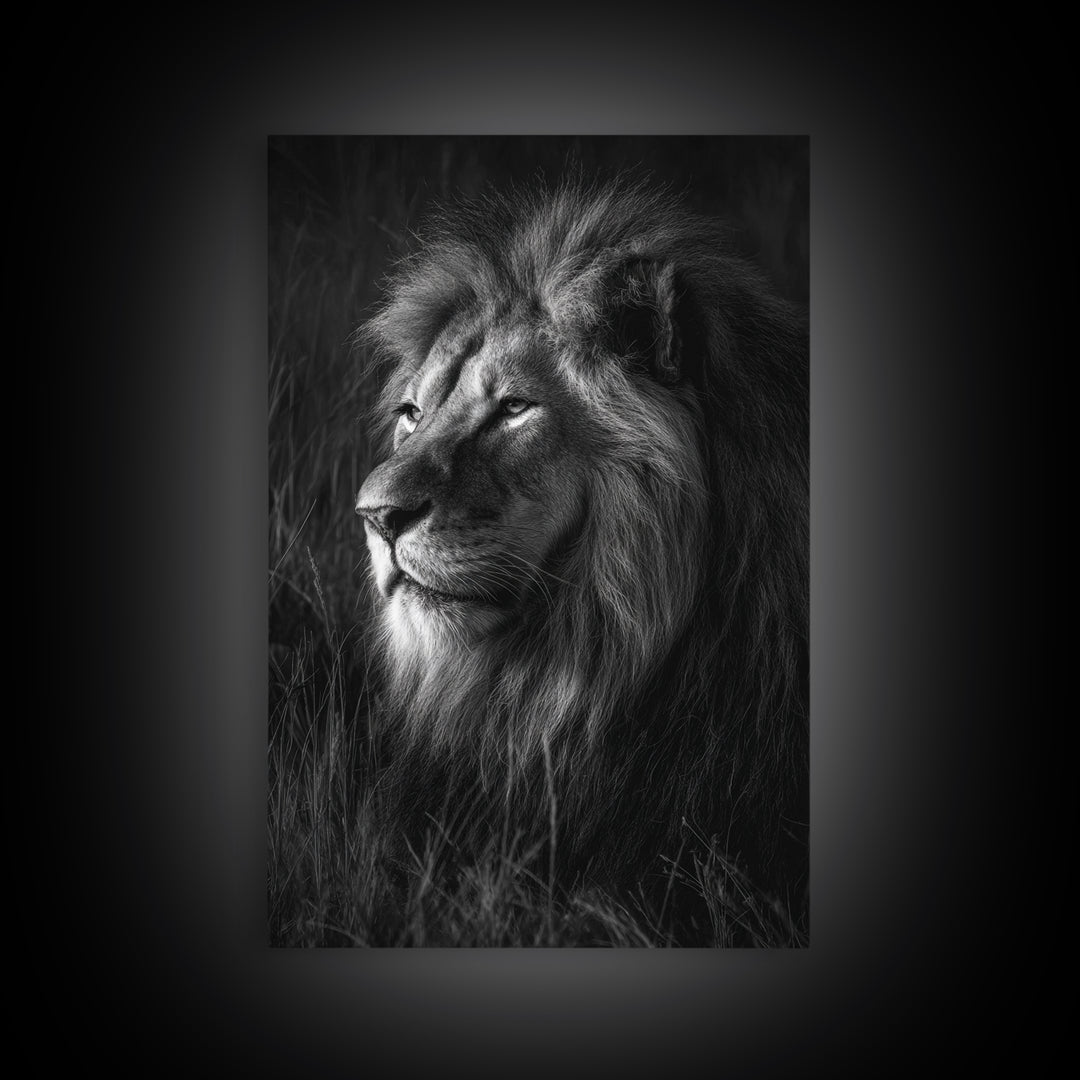 Dramatic Black and White Lion Portrait Canvas Print, Black and White Art, Large Wall Art, Living Room Decor, Monochrome, BAW-2x3-49