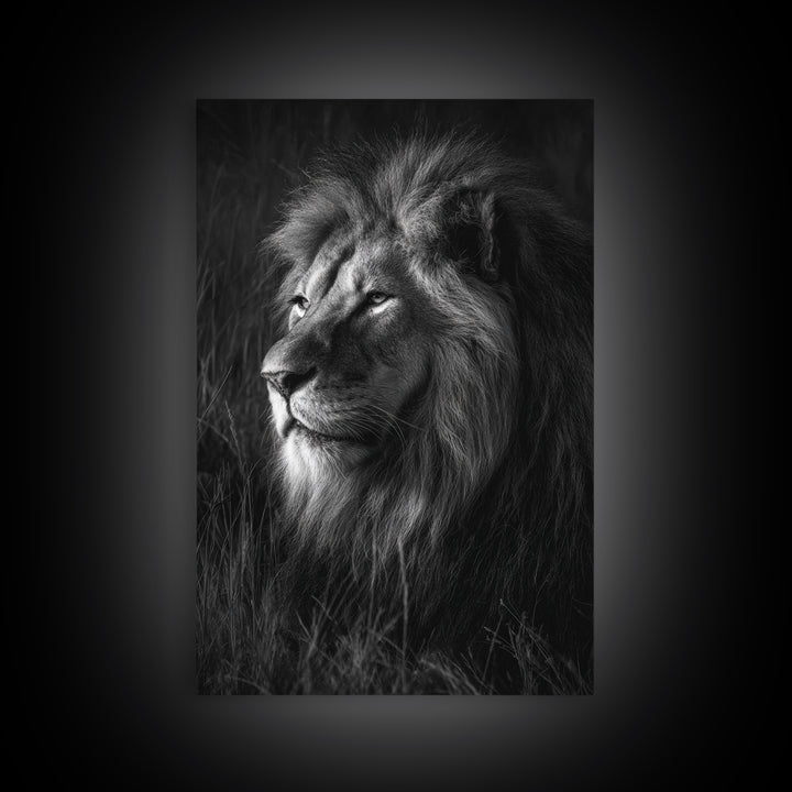 Dramatic Black and White Lion Portrait Canvas Print, Black and White Art, Large Wall Art, Living Room Decor, Monochrome, BAW-2x3-49