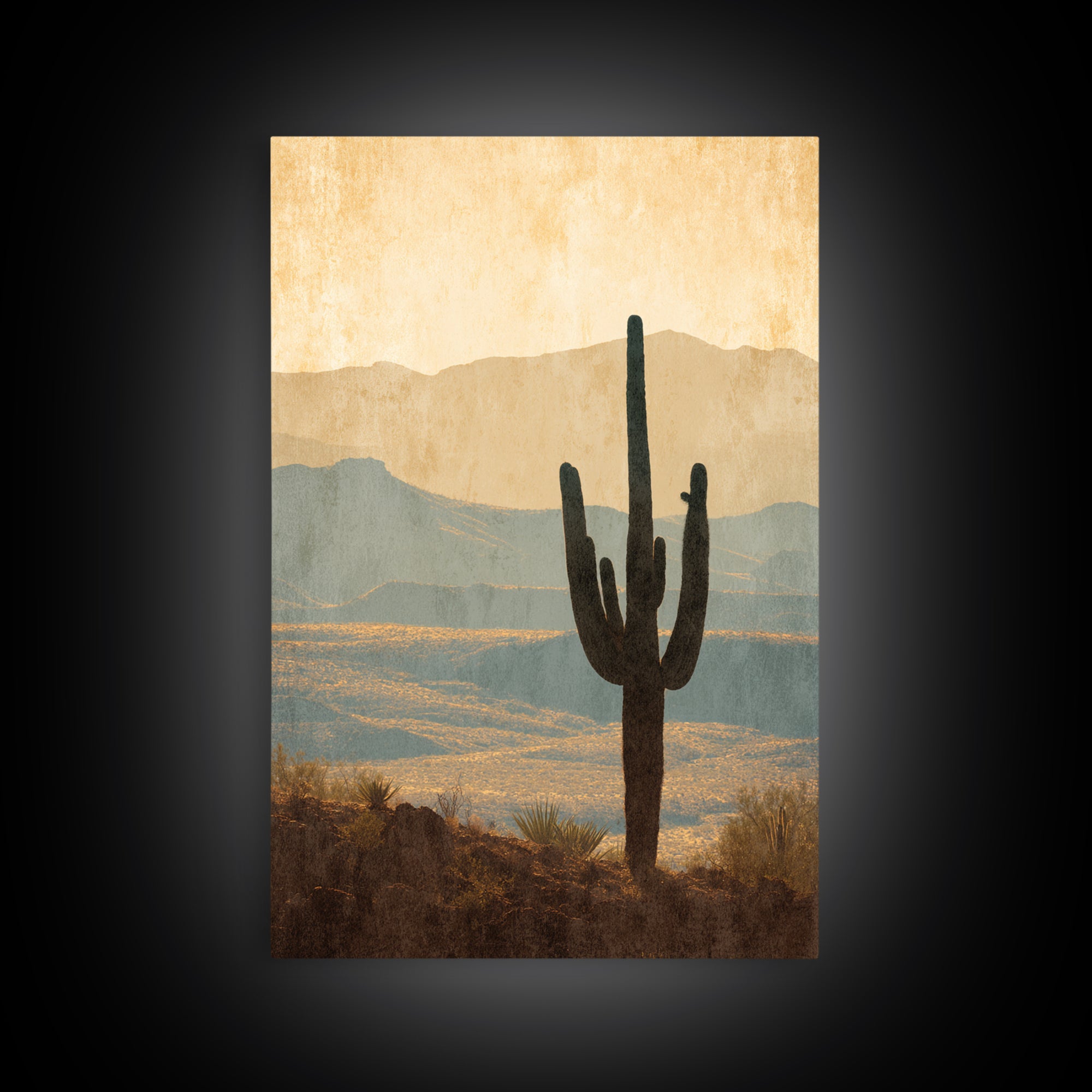 Monochrome Desert Cactus Silhouette Canvas Print, Black and White Art, Digital Art, Living Room Decor, Fine Art, Monochrome, BAW-2x3-5