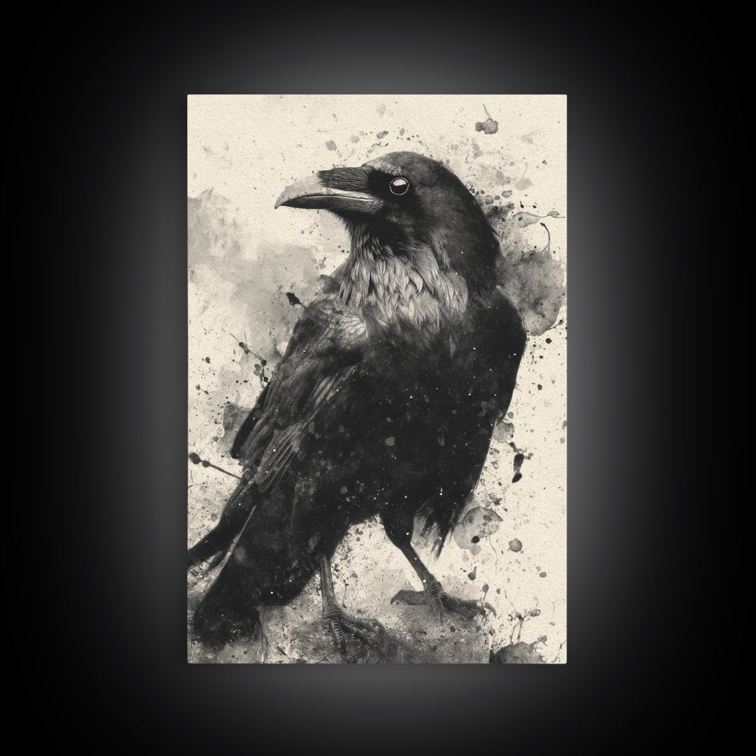 Ink Splatter Raven Composition Framed Canvas Print, Black and White Art, Art, Living Room Decor, Fine Art, Monochrome, BAW-2x3-52