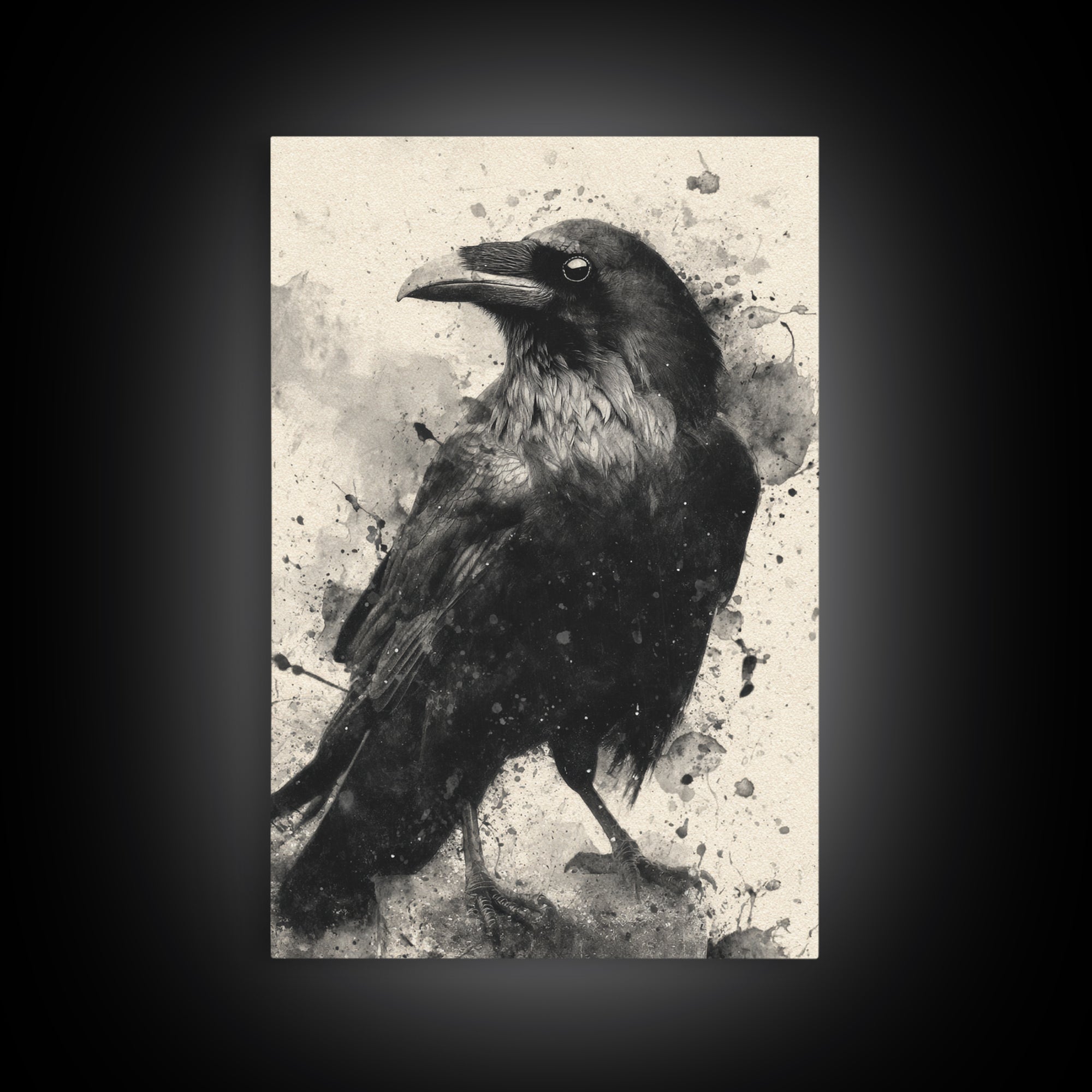 Ink Splatter Raven Composition Framed Canvas Print, Black and White Art, Art, Living Room Decor, Fine Art, Monochrome, BAW-2x3-52