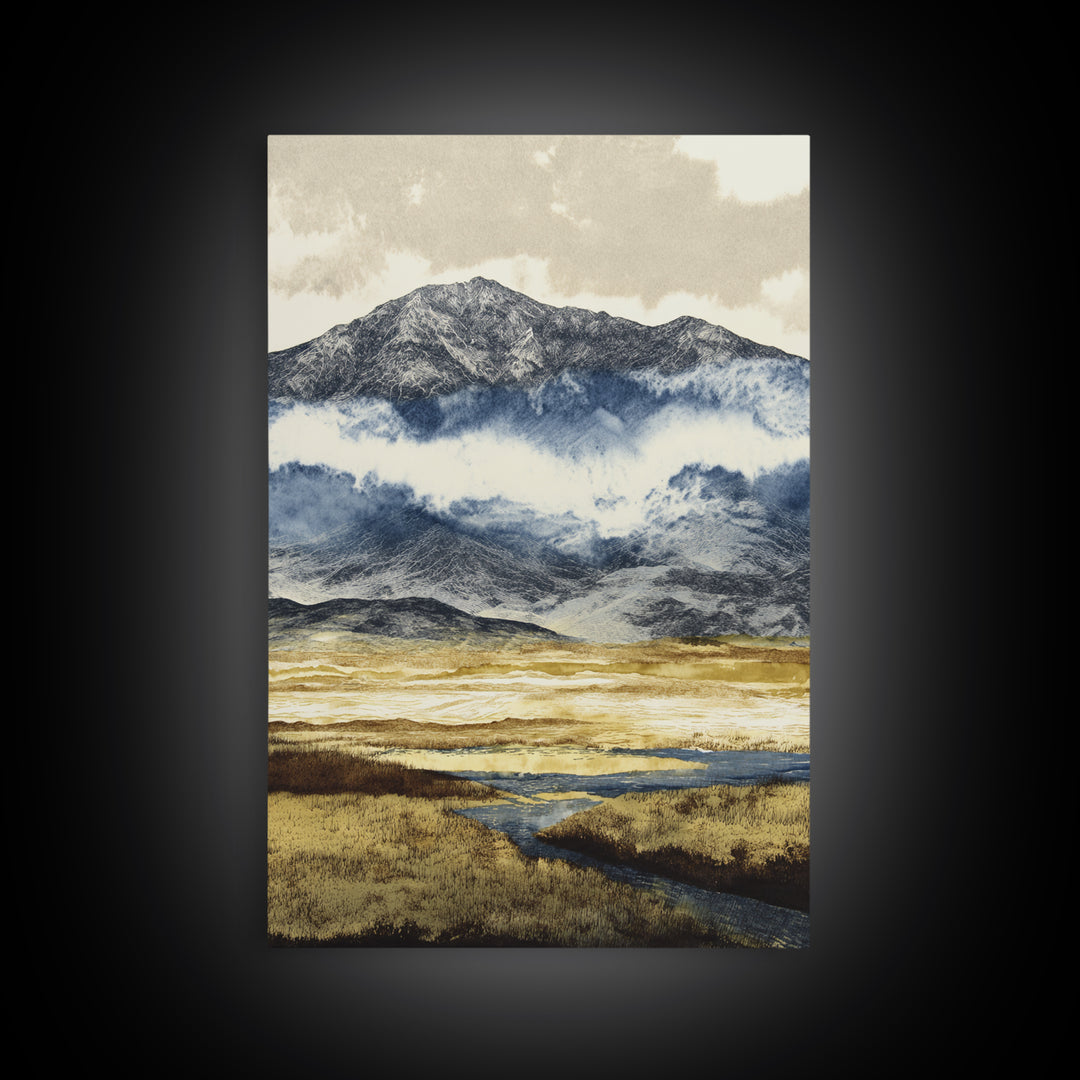 Black Ink Mountain Range Canvas Print, Black and White Art, Printable Wall Art, Living Room Decor, Watercolor Art, Monochrome, BAW-2x3-58