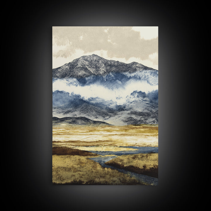 Black Ink Mountain Range Canvas Print, Black and White Art, Printable Wall Art, Living Room Decor, Watercolor Art, Monochrome, BAW-2x3-58