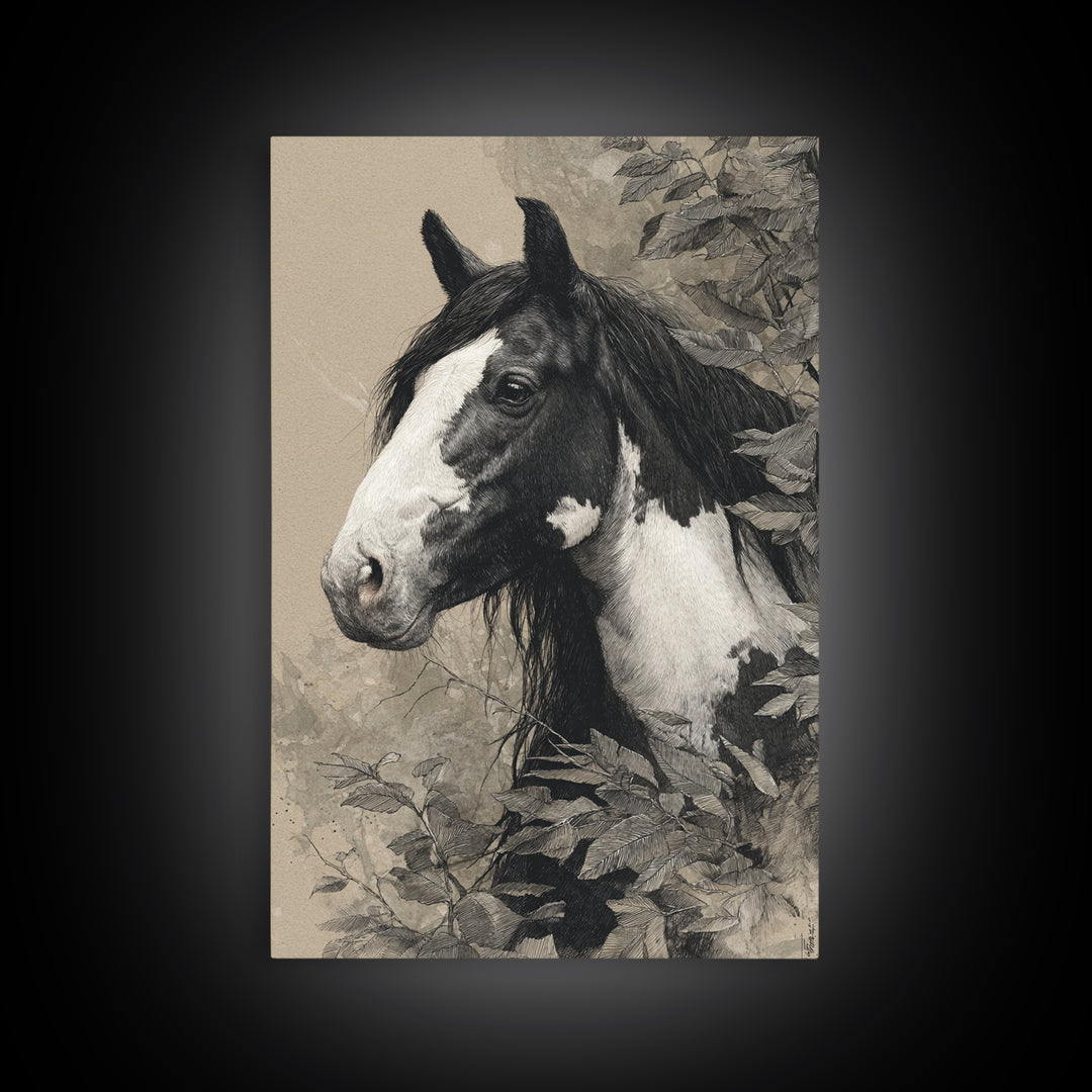 Black and White Wild Horse Portrait Canvas Print, Black and White Art, Wood Wall Art, Living Room Decor, Fine Art, Monochrome, BAW-2x3-61