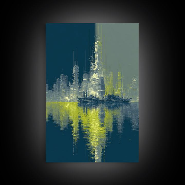 Monochrome City Skyline Reflected Canvas Print, Black and White Art, Wood Wall Art, Living Room Decor, Fine Art, Monochrome, BAW-2x3-67