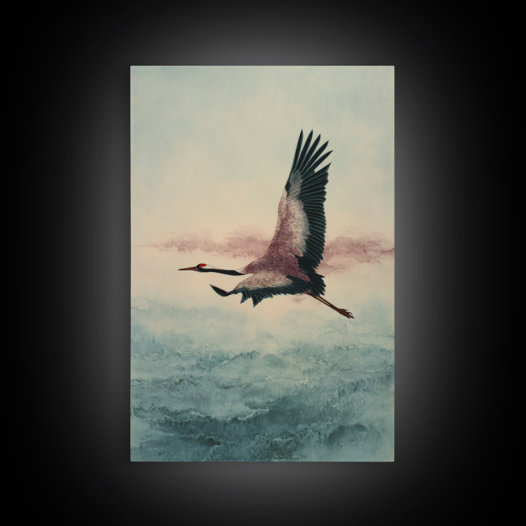 Black Ink Crane Flying Across Empty Sky Framed Canvas Print, Black and White Art, Printable Art, Living Room Decor, Monochrome, BAW-2x3-69