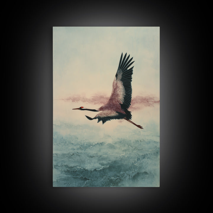 Black Ink Crane Flying Across Empty Sky Framed Canvas Print, Black and White Art, Printable Art, Living Room Decor, Monochrome, BAW-2x3-69