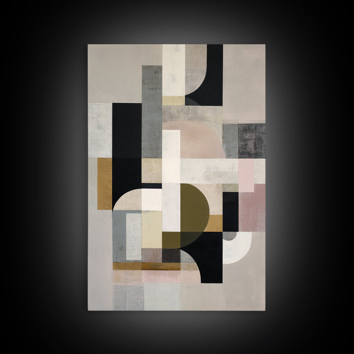 Geometric Bauhaus Grayscale Shapes Framed Canvas Print, Black and White Art, Digital Art, Living Room Decor, Abstract Art, BAW-2x3-74