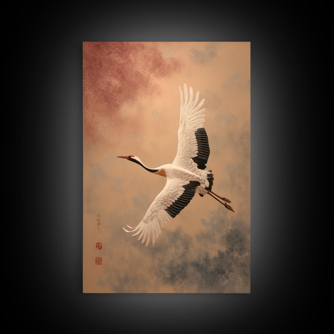 Black Ink Crane Flying Across Empty Sky Framed Canvas Print, Black and White Art, Printable Art, Living Room Decor, Monochrome, BAW-2x3-93