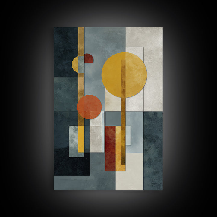 Geometric Bauhaus Grayscale Shapes Framed Canvas Print, Black and White Art, Digital Art, Living Room Decor, Abstract Art, BAW-2x3-98