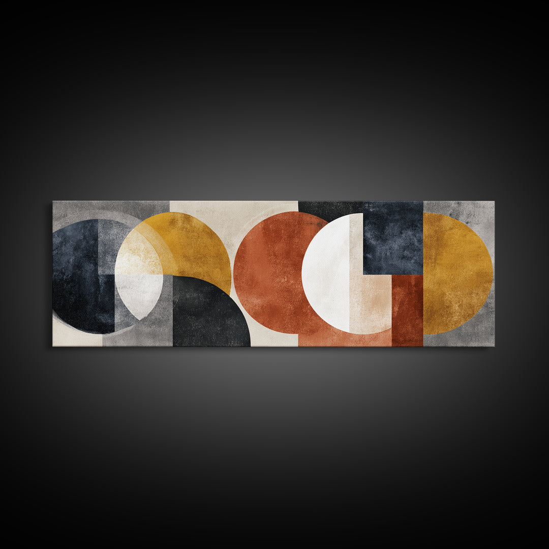 Geometric Bauhaus Grayscale Shapes Framed Canvas Print, Black and White Art, Print, Living Room Decor, Abstract Art, Monochrome, BAW-3x1-10