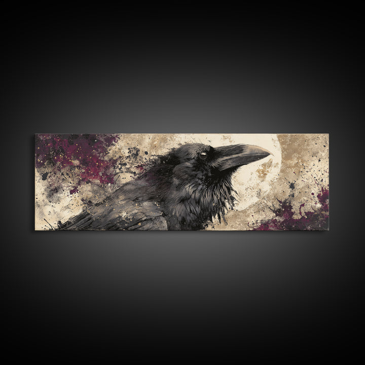 Ink Splatter Raven Composition Framed Canvas Print, Black and White Art, Photography Prints, Living Room Decor, Monochrome, BAW-3x1-12