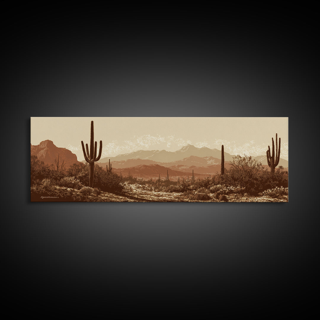 Monochrome Desert Cactus Silhouette Canvas Print, Black and White Art, Apartment Decor, Living Room Decor, Oil Painting, BAW-3x1-13