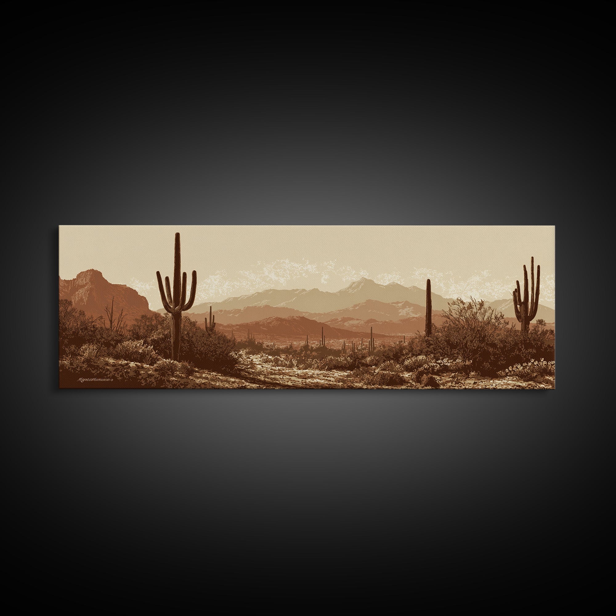 Monochrome Desert Cactus Silhouette Canvas Print, Black and White Art, Apartment Decor, Living Room Decor, Oil Painting, BAW-3x1-13