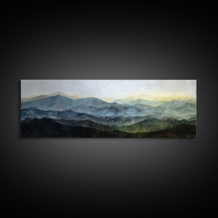 Black Ink Mountain Range Framed Canvas Print, Black and White Art, Large Wall Art, Living Room Decor, Fine Art, Monochrome, BAW-3x1-18