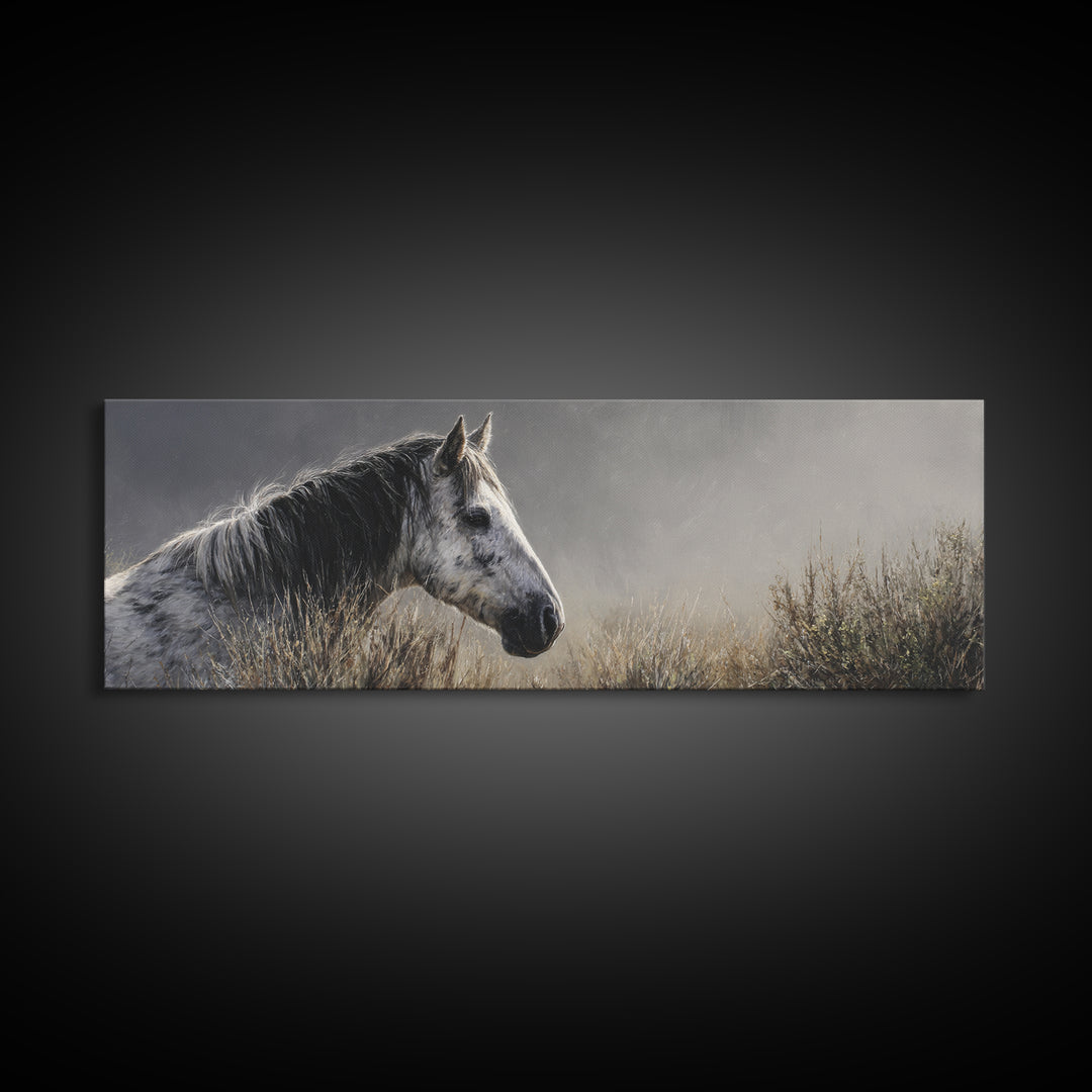 Black and White Wild Horse Portrait Canvas Print, Black and White Art, Photography Prints, Living Room Decor, Monochrome, BAW-3x1-21
