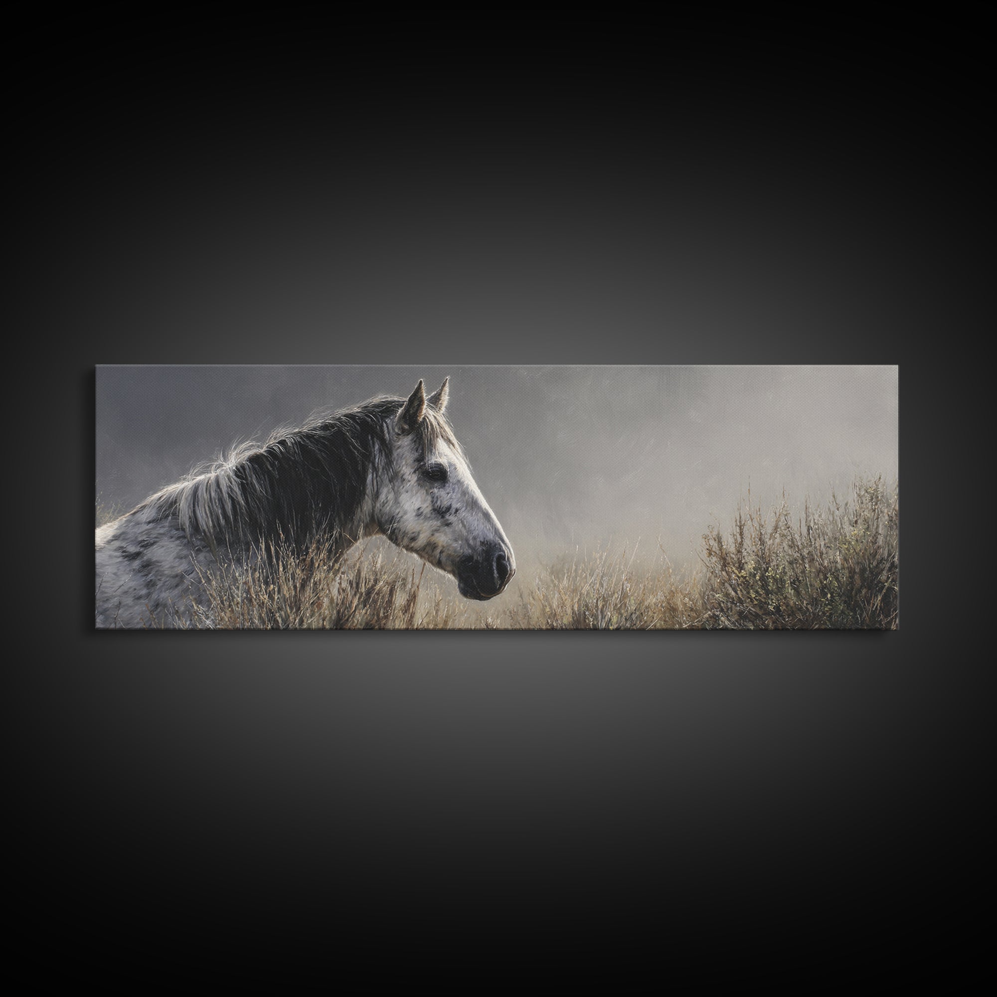 Black and White Wild Horse Portrait Canvas Print, Black and White Art, Photography Prints, Living Room Decor, Monochrome, BAW-3x1-21