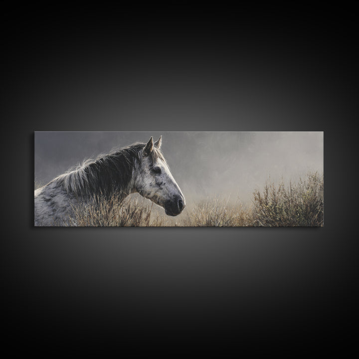 Black and White Wild Horse Portrait Canvas Print, Black and White Art, Photography Prints, Living Room Decor, Monochrome, BAW-3x1-21