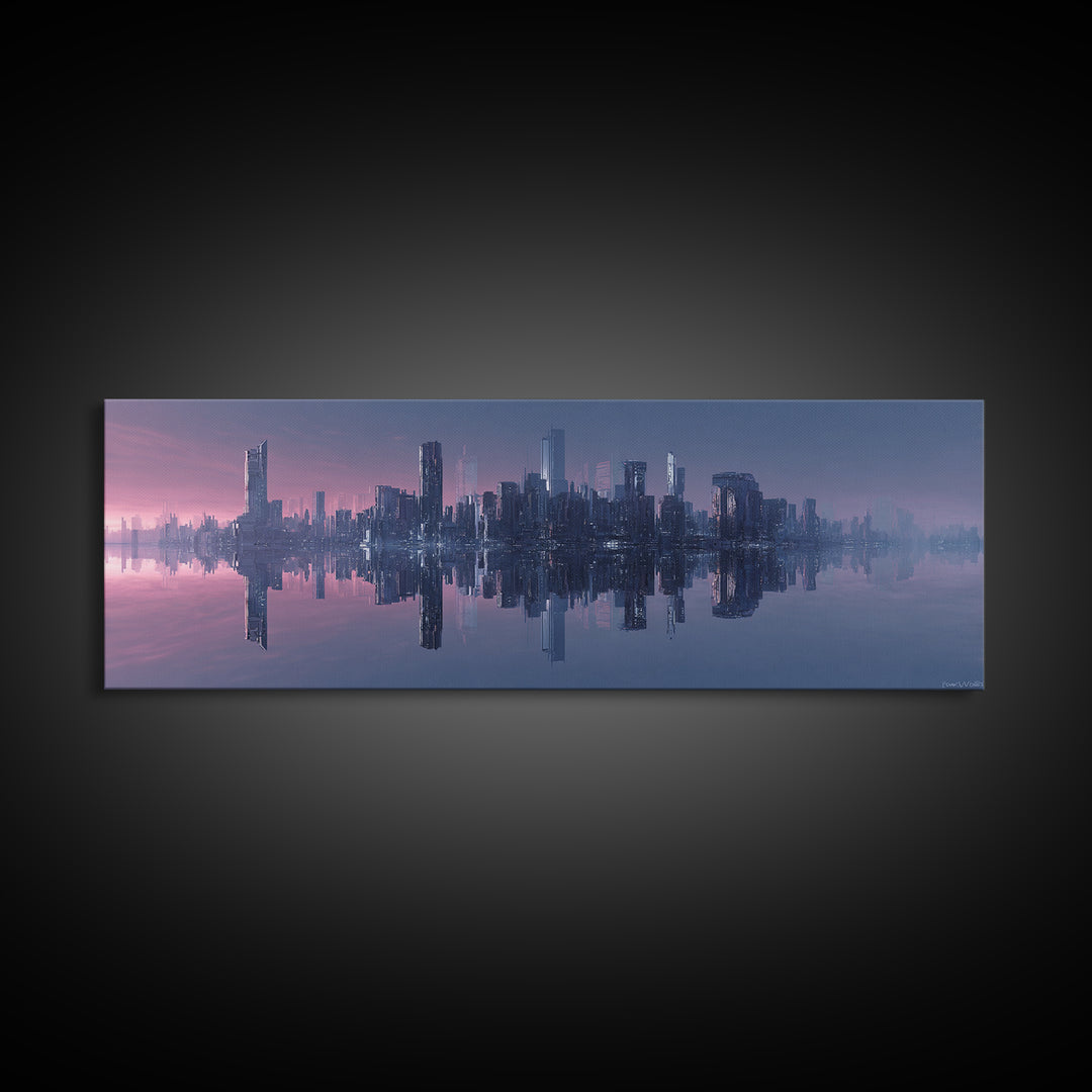 Monochrome City Skyline Reflected Canvas Print, Black and White Art, Textured Painting, Living Room Decor, Monochrome, BAW-3x1-27