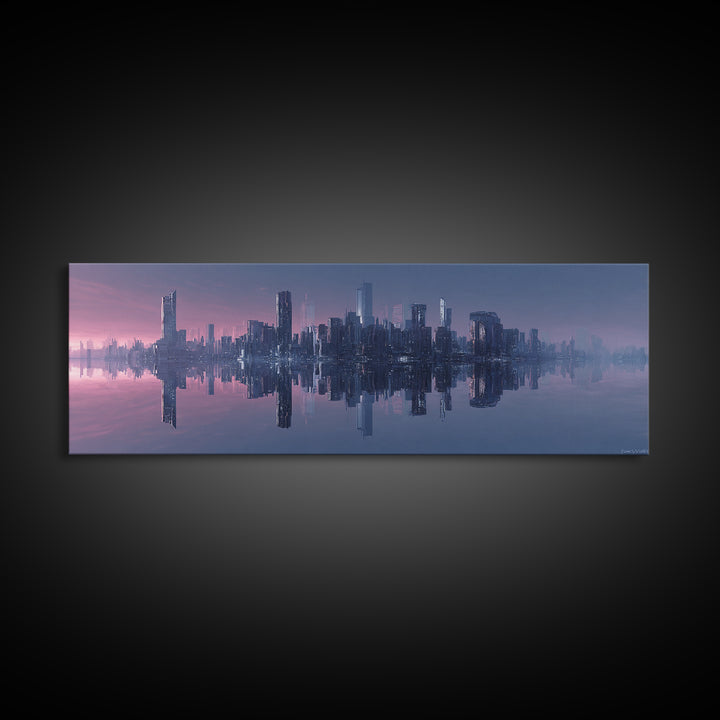 Monochrome City Skyline Reflected Canvas Print, Black and White Art, Textured Painting, Living Room Decor, Monochrome, BAW-3x1-27