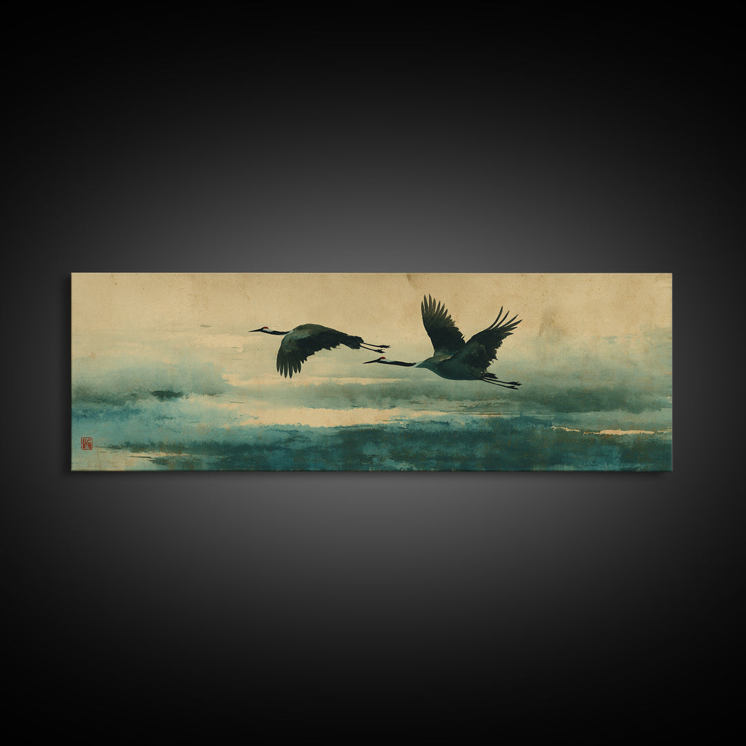 Black Ink Crane Flying Across Empty Sky Canvas Print, Black and White Art, Modern Wall Art, Living Room Decor, Oil Painting, BAW-3x1-29